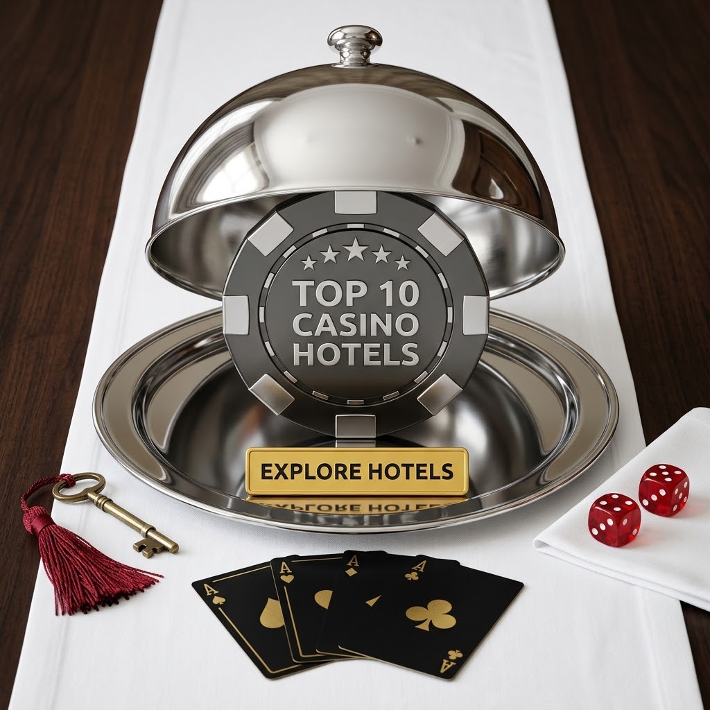 Top casino hotels — silver cloche with poker chip, cards and dice